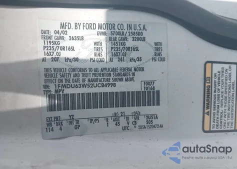 2002 Ford Explorer Xlt z USA, uszkodzony, nr VIN 1FMDU63W52UC84998